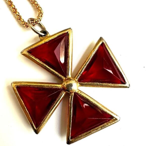 Maltese  red and gold tone Cross pendant necklace - Picture 9 of 11